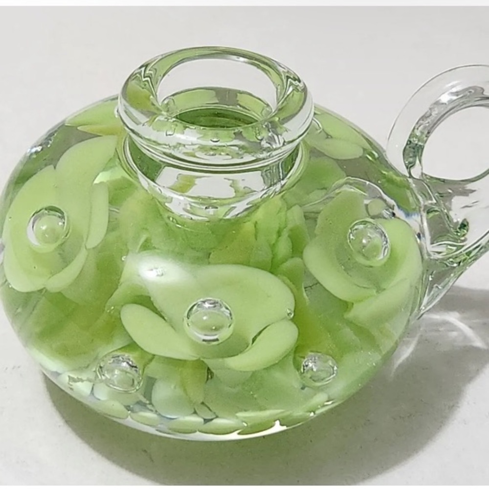 Vintage Joe St Clair Green Floral Controlled Bubble Glass Candlestick Holder
